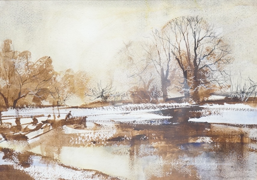 Rowland Hilder (1905-1993), 'A mere in winter', signed, watercolour, 26 x 37cm